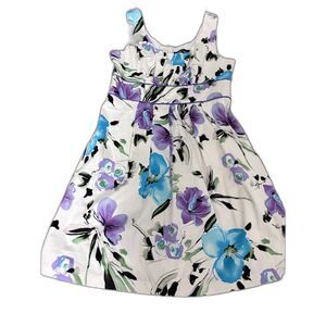 R&M Richards Dress 10P White Purple Blue Floral Sleeveless Cottagecore Fit